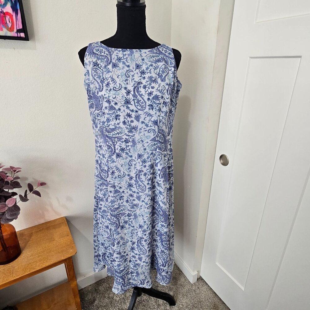 Mary McFadden Vintage Smokey Blue Paisley Chiffon Sleeveless Midi Dress Size 12